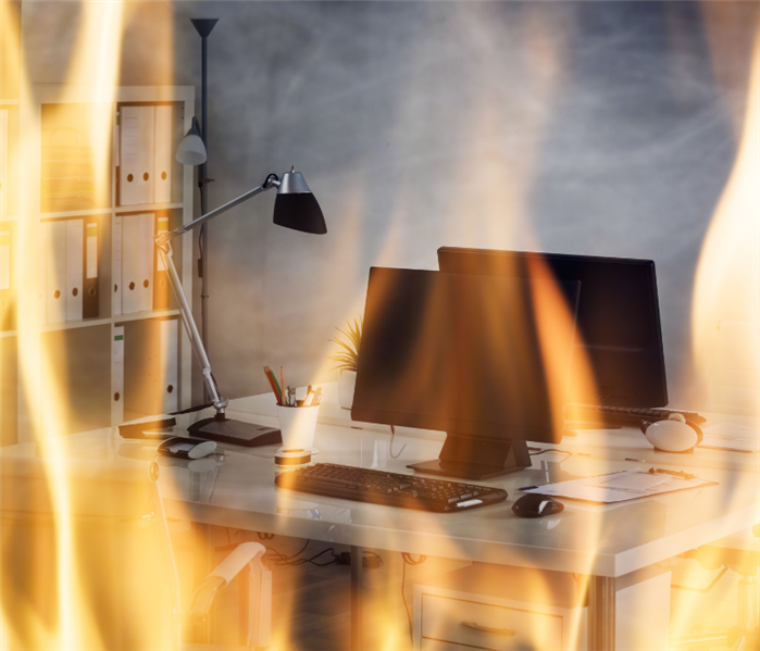 fire in an office near computers